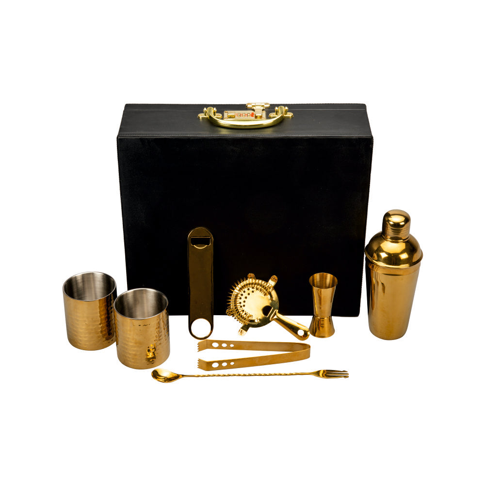Abrazo Bartender Kit with Carrying Case, 8-Piece PVD Gold Gloss Finish Cocktail Set, Hammered Glasses and Cocktail Shaker, Black Gift Box, Bar Tool Set, Bar accessoires, Barset - Abrazo