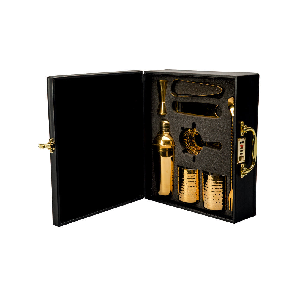 Abrazo Bartender Kit with Carrying Case, 8-Piece PVD Gold Gloss Finish Cocktail Set, Hammered Glasses and Cocktail Shaker, Black Gift Box, Bar Tool Set, Bar accessoires, Barset