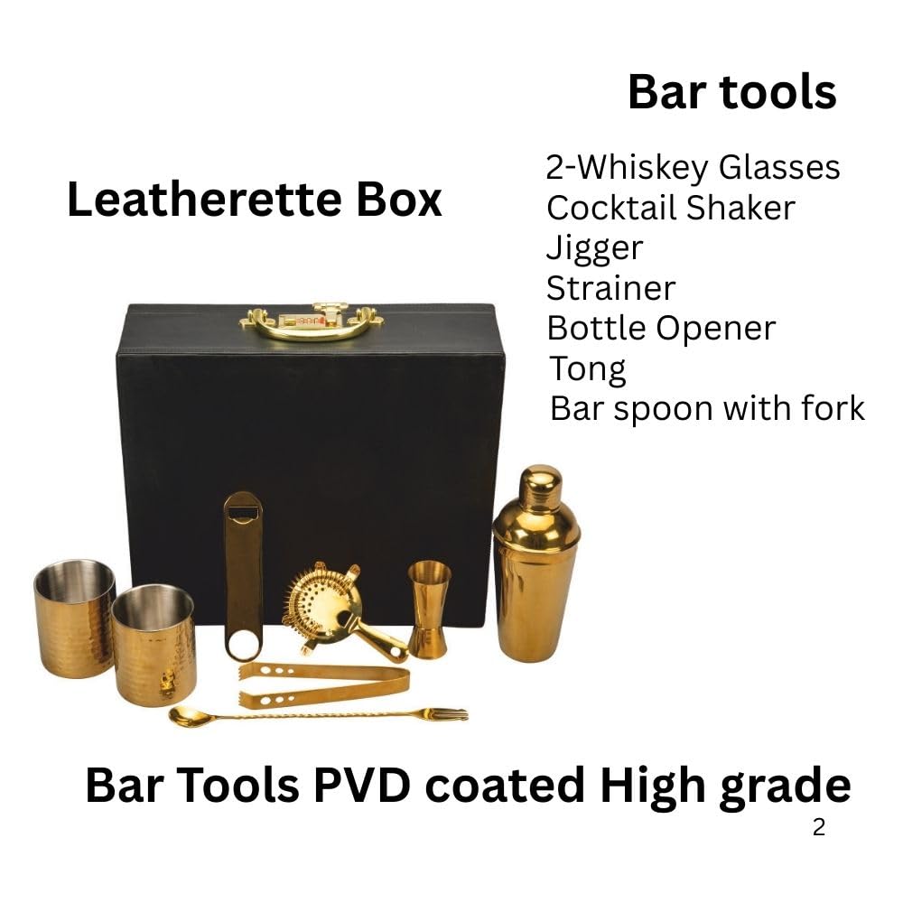Abrazo Bartender Kit with Carrying Case, 8-Piece PVD Gold Gloss Finish Cocktail Set, Hammered Glasses and Cocktail Shaker, Black Gift Box, Bar Tool Set, Bar accessoires, Barset - Abrazo