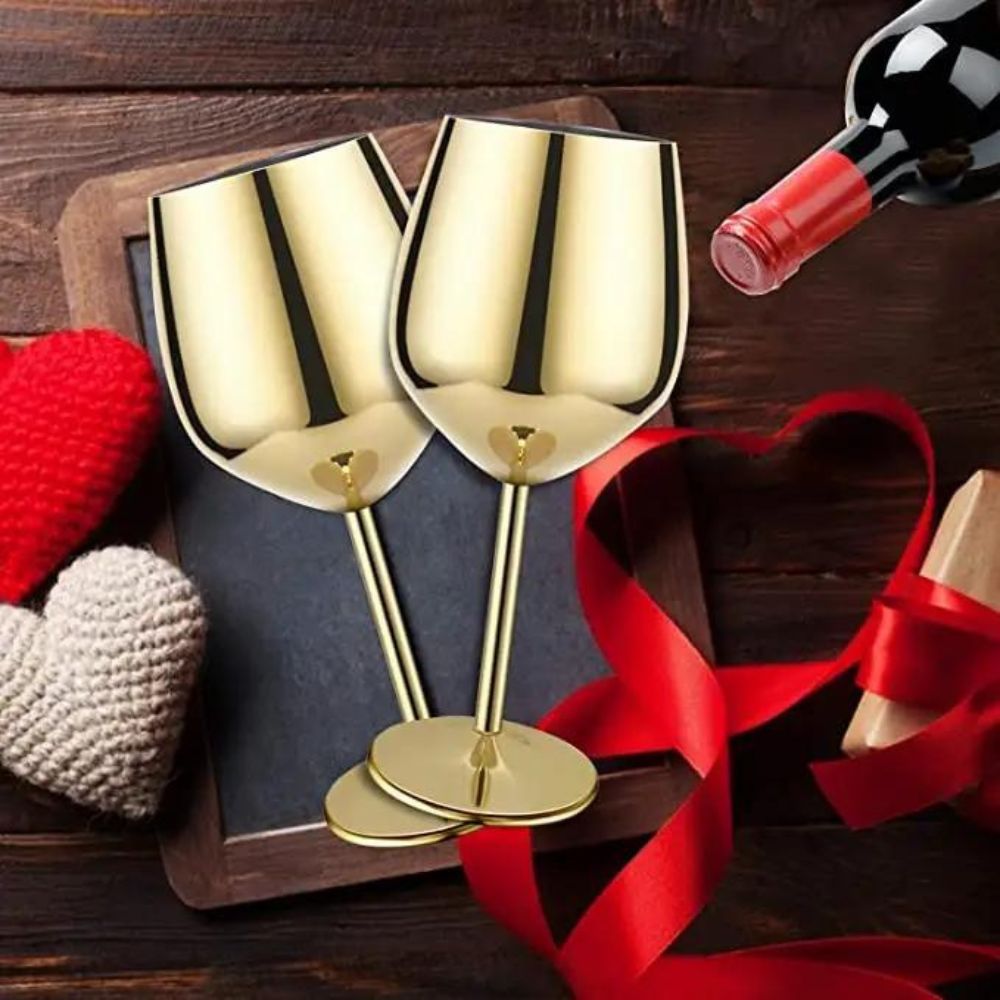 abrazo Stainless Steel  Wine Glasses 350 ml set of 2, Unbreakable Wine Glass Goblets, Gift for Men and Women, Party Glasses - 350 ml (Gold) - Abrazo