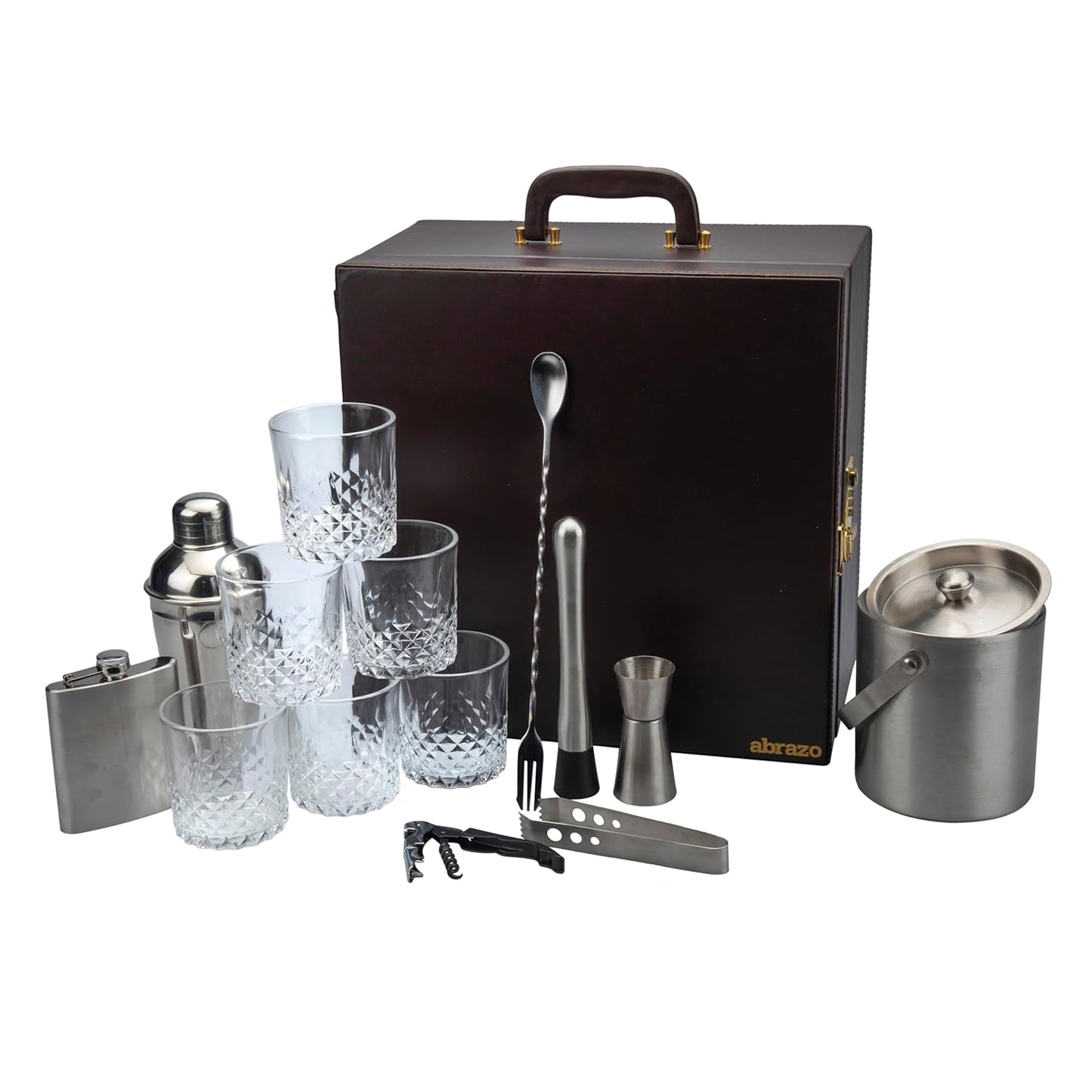 Abrazo Portable Barset, Bartender kit, Bar Tool Set for Gifting,14 pcs bar Accessories, Brown, Gift - 14 Piece Set - Abrazo