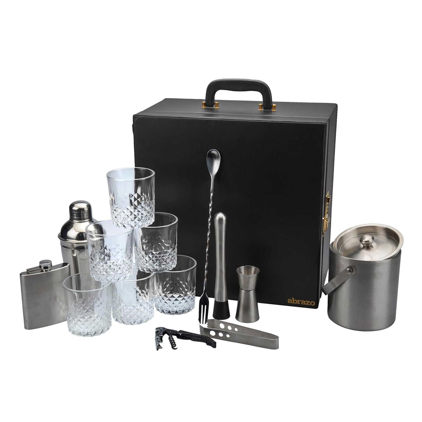 Portable Bar Tools Set - Black and Beige Leatherette - 14 Piece Set