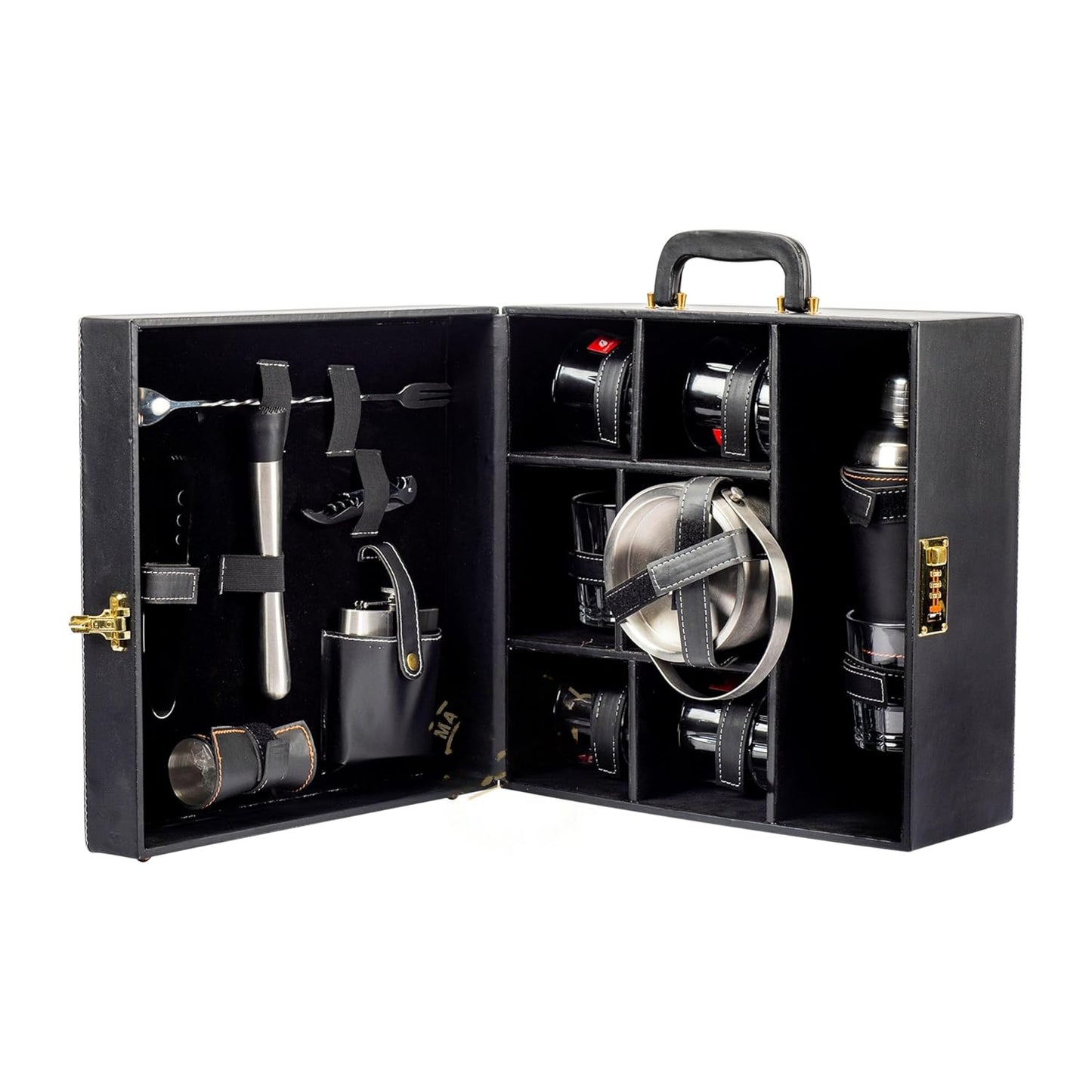 Portable Bar Tools Set - Black and Beige Leatherette - 14 Piece Set