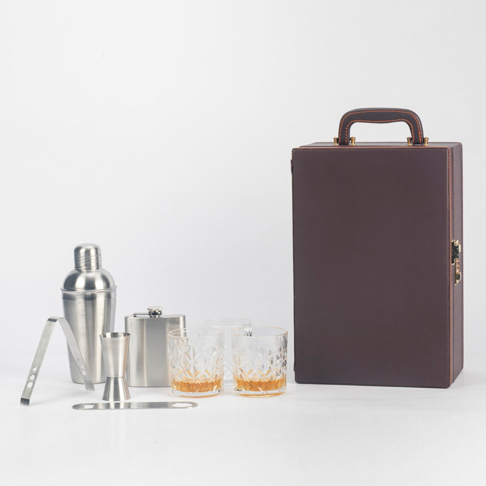 Portable Bar Tools Set - Brown Leatherette - 8 Piece Set - Abrazo