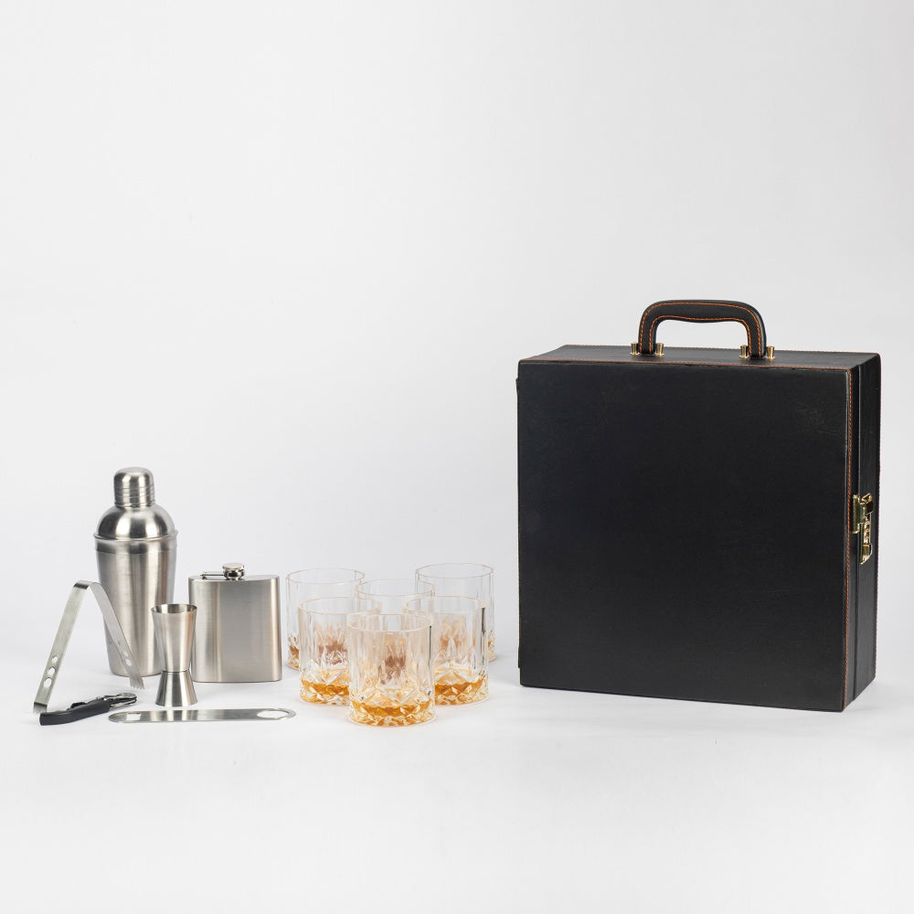 Classic Portable Bar Tools Set - Fine Black Leatherette - 12 Piece Set - Abrazo