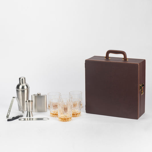 Classic Portable Bar Tools Set - Brown Leatherette - 12 Piece Set - Abrazo