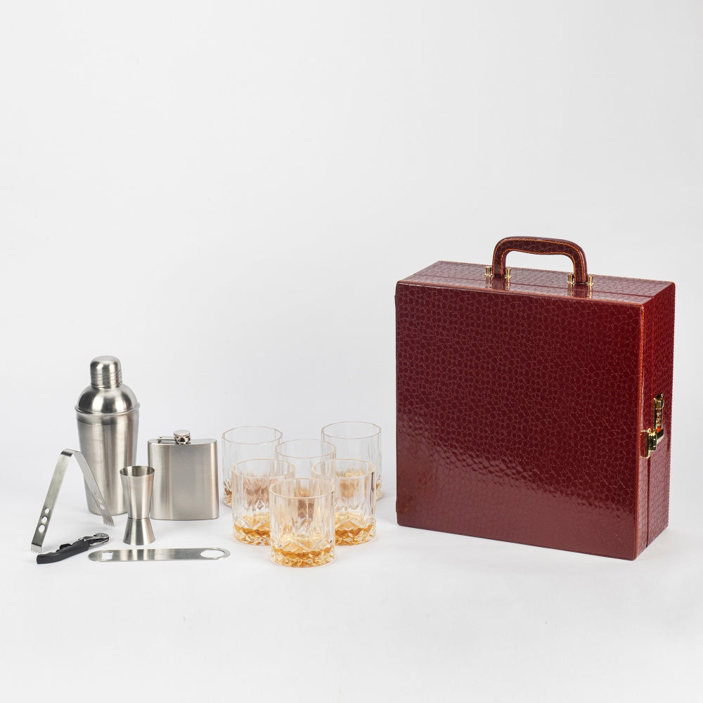 Classic Portable Bar Tools Set - Brown Croc Print - 12 Piece Set - Abrazo