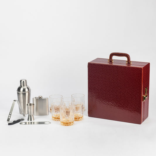 Classic Portable Bar Tools Set - Brown Croc Print - 12 Piece Set - Abrazo