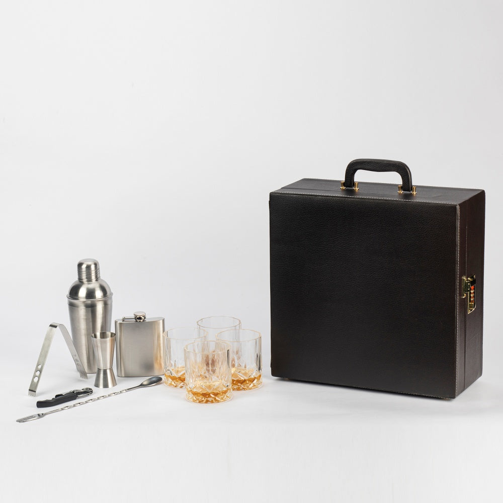 Portable Bar Tools Set - Brown Leatherette - 10 Piece Set with Bottle Storage - Abrazo