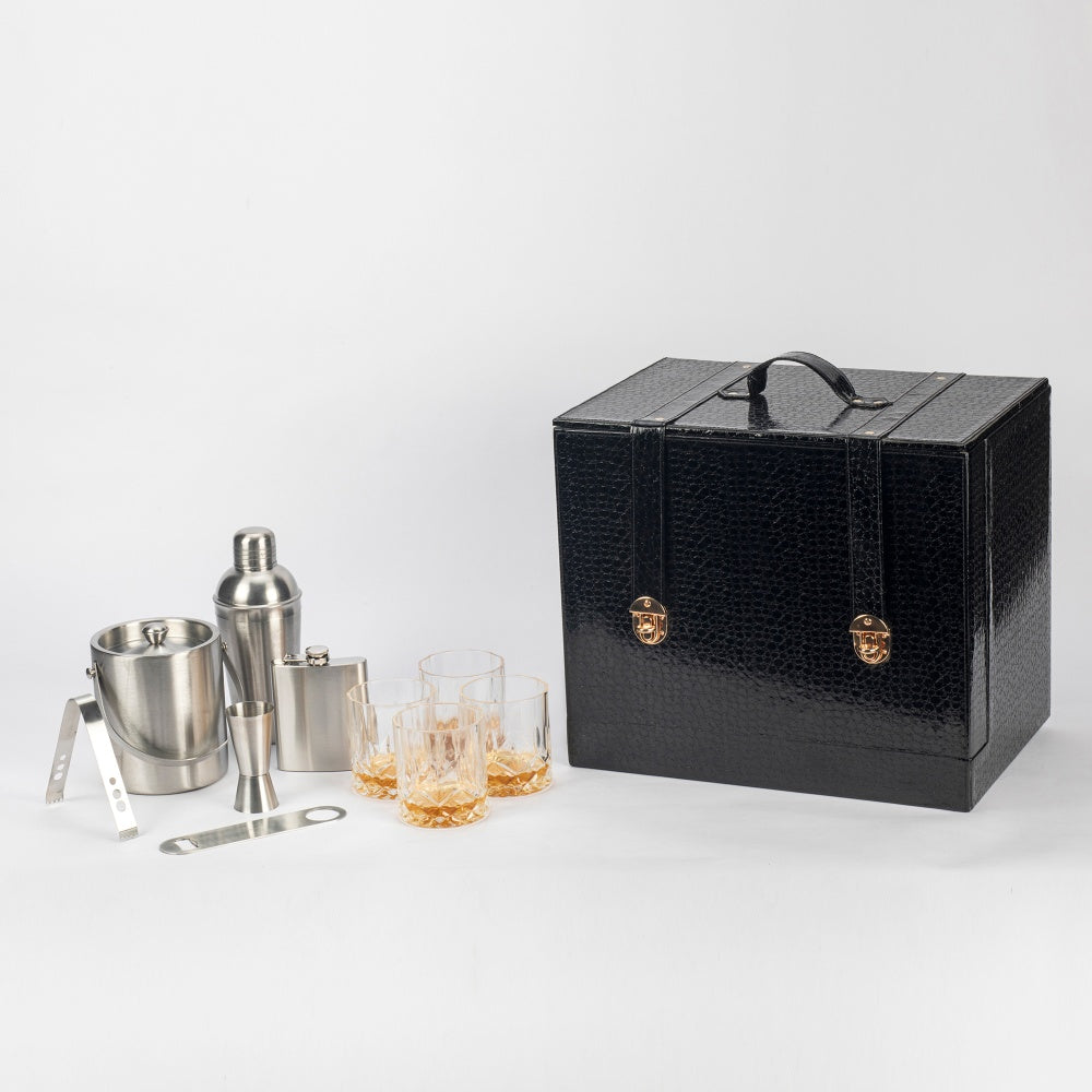 Home Bar Tools Set - Open Flap Design - Black Wooden - 9 Piece Set - Abrazo