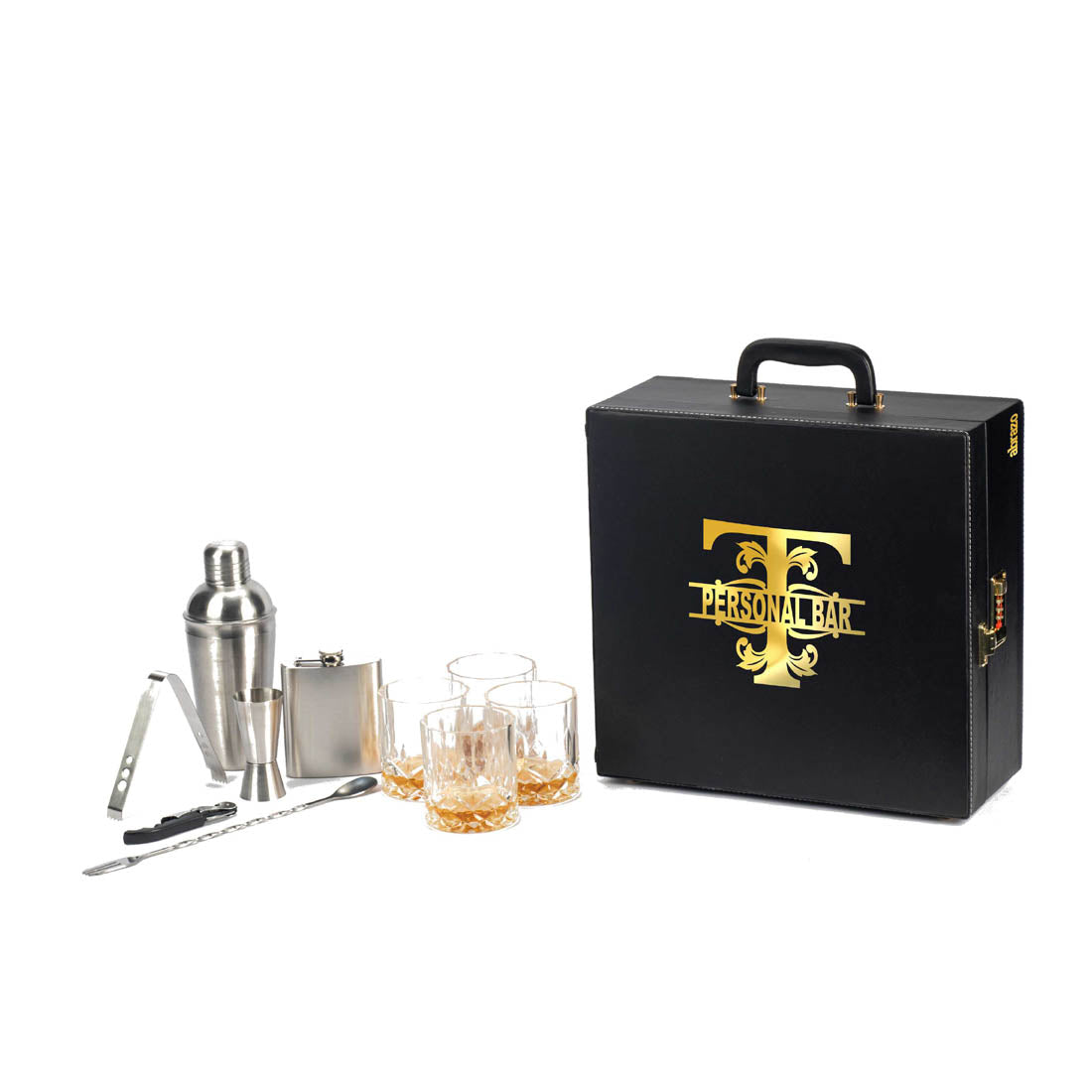 Abrazo Bar Tool Set Black with acrylic Initials | 11 Piece Unit | Bar Set - Abrazo