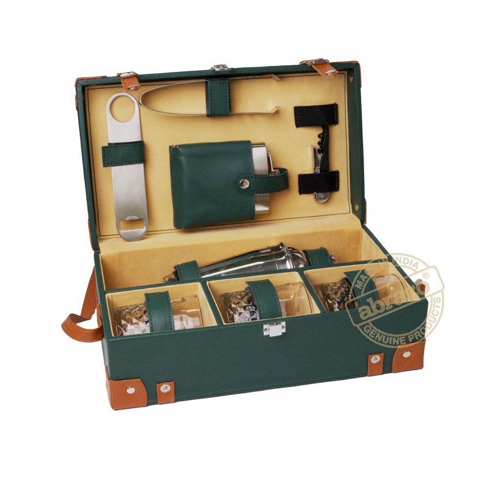 Premium Bar Set for Exquisite Cocktails and Bartending | Bar Tool Set | Cocktail Shaker | Hip Flask | Cork Opener | Whiskey Glass | Leatherette Box| GR - Abrazo