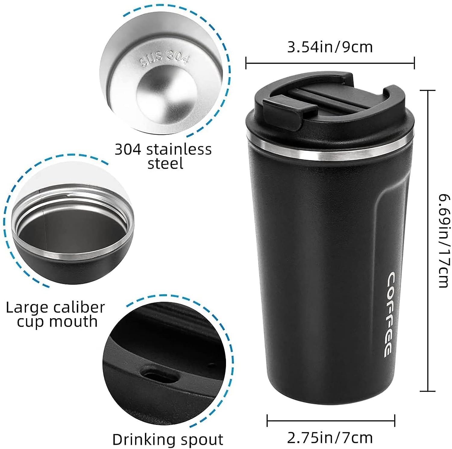 Travel Coffee Mug Double Walled Thermos Flask with Lid - Spill Proof Hot & Cold Drinks; Premium Vacuum Insulated Travel Mug with Lid - Stainless Steel Travel Mug- Matt Black - Abrazo