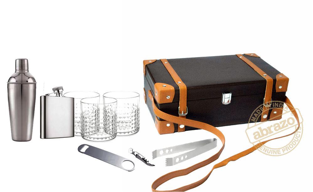 Premium Bar Set for Exquisite Cocktails and Bartending | Bar Tool Set | Cocktail Shaker | Hip Flask | Cork Opener | Whiskey Glass | Leatherette Box |BR - Abrazo