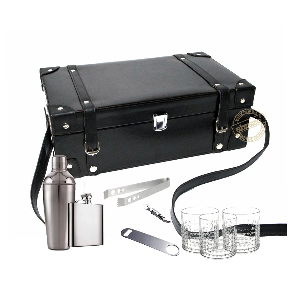 Premium Bar Set for Exquisite Cocktails and Bartending | Bar Tool Set | Cocktail Shaker | Hip Flask | Cork Opener | Whiskey Glass | Leatherette Box - Abrazo