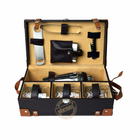 Premium Bar Set for Exquisite Cocktails and Bartending | Bar Tool Set | Cocktail Shaker | Hip Flask | Cork Opener | Whiskey Glass | Leatherette Box |BR - Abrazo