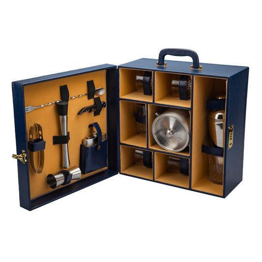 Portable Bar Tools Set - Blue Leatherette - 14 Piece Set - Abrazo