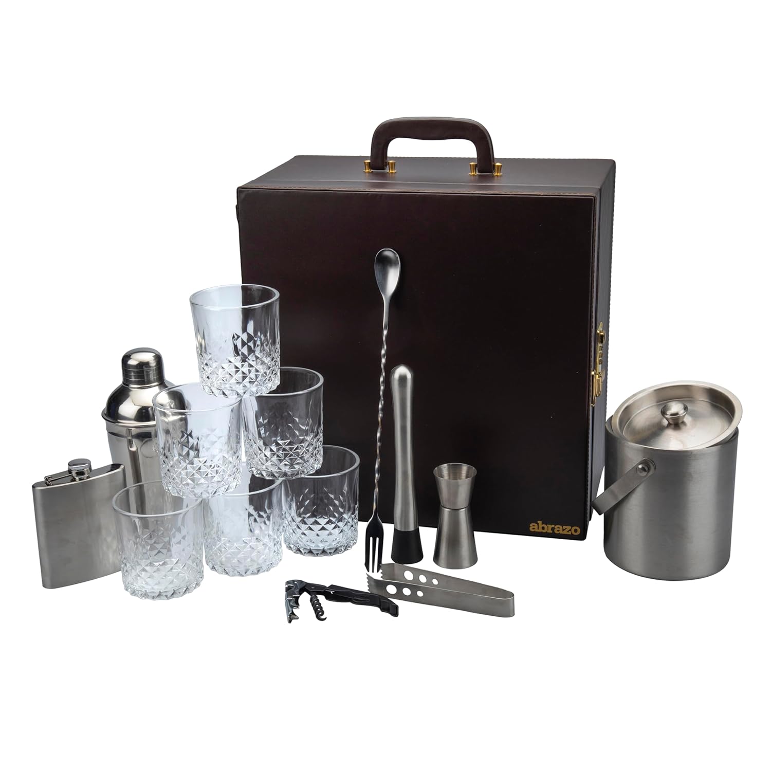 Abrazo Portable Barset, Bartender kit, Bar Tool Set for Gifting,14 pcs bar Accessories, Brown, Gift - 14 Piece Set - Abrazo