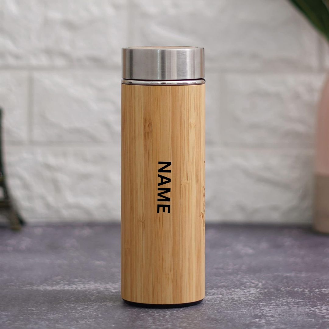 Bamboo Stainless Steel Flask Wate Bottle/Thermos with Tea Strainer | Double Wall Vacuum Insulated | Hot & Cold (450 ML) - Abrazo