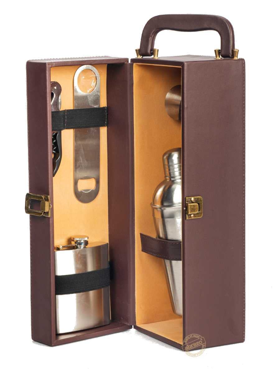 Portable Bar Tool Set - Brown Leatherette - 5 Piece Set