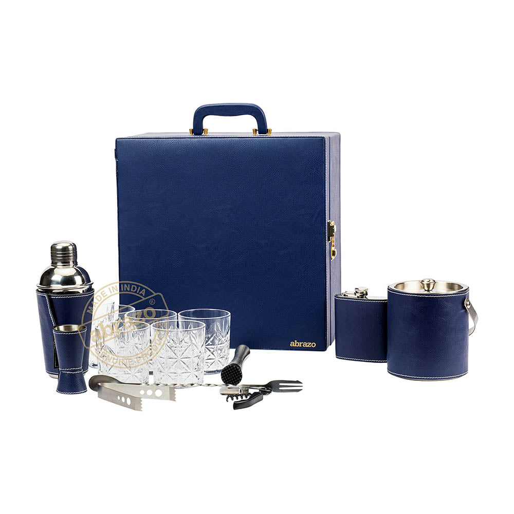 Portable Bar Tools Set - Blue Leatherette - 14 Piece Set - Abrazo