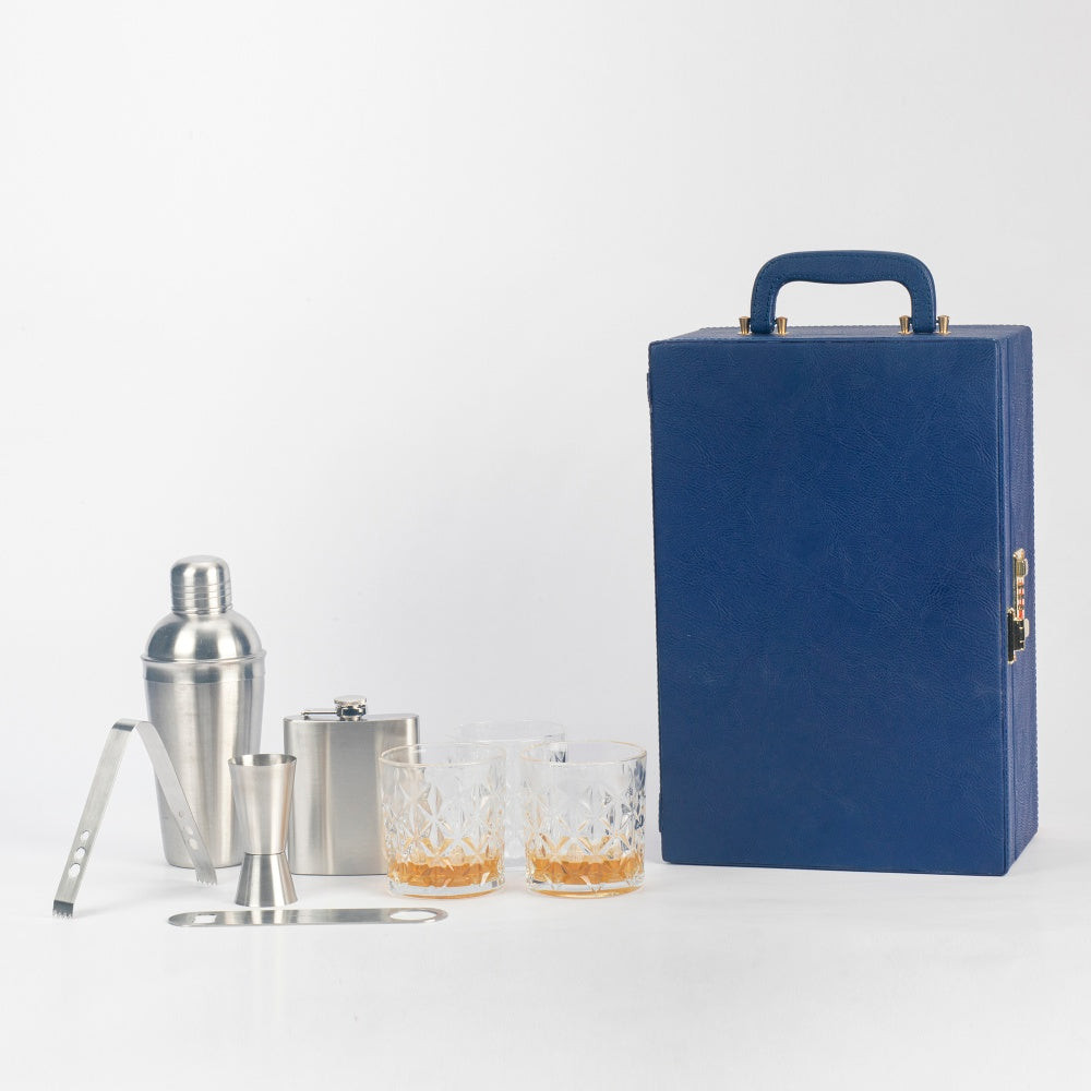 Portable Bar Tools Set - Crystal Blue Leatherette - 8 Piece Set - Abrazo
