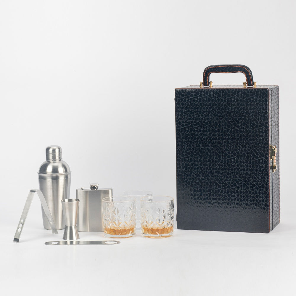 Portable Whiskey Case Set - Black Croc Leatherette - 7 Piece Set - Abrazo