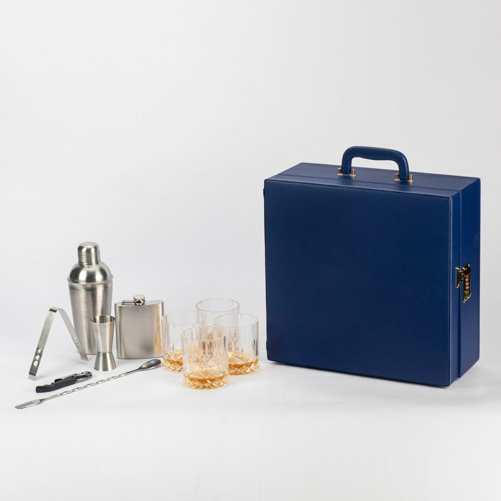 Portable Bar Tools Set - Crystal Blue Leatherette - 10 Piece Set with Bottle Storage - Abrazo