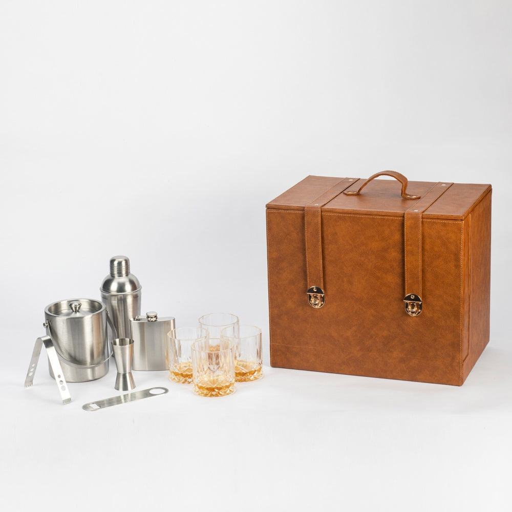 Home Bar Tools Set - Open Flap Design - Brown Reptile Print - 9 Piece Set - Abrazo