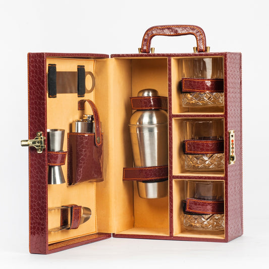 Portable Bar Tools Set - Brown Croc Print Leatherette - 8 Piece Set - Abrazo