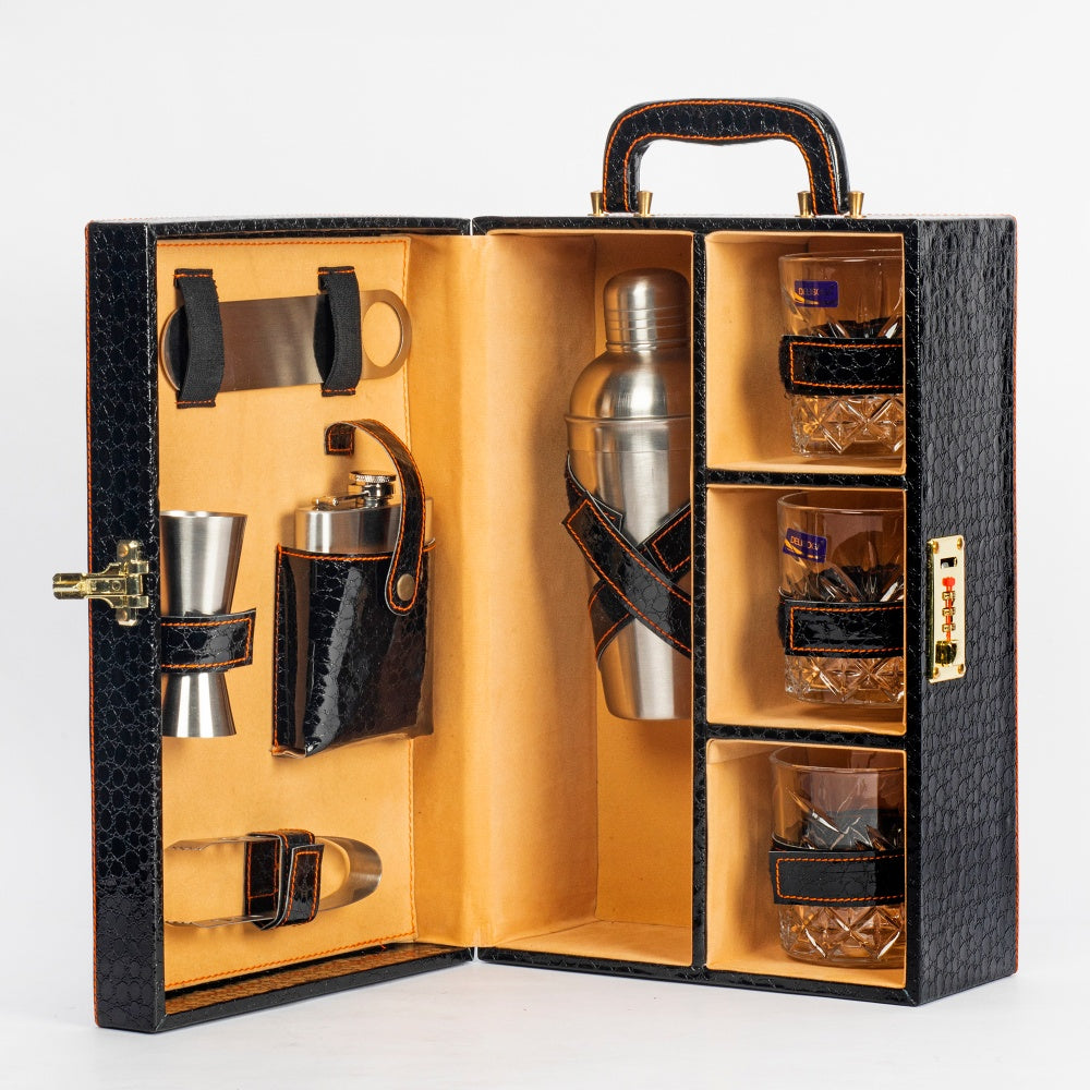 Portable Whiskey Case Set - Black Croc Leatherette - 7 Piece Set - Abrazo