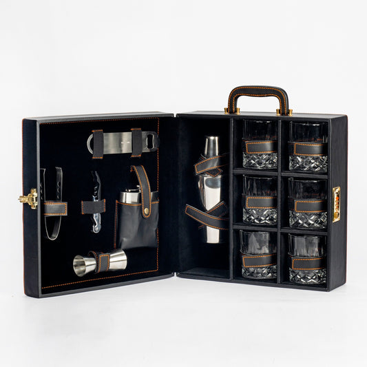 Classic Portable Bar Tools Set - Black (Orange) Quilted Leatherette - 12 Piece Set - Abrazo