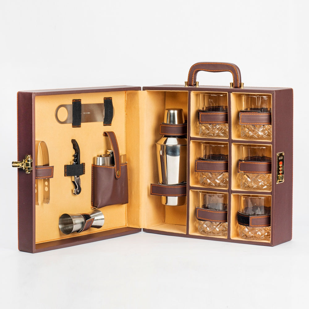 Classic Portable Bar Tools Set - Brown Leatherette - 12 Piece Set - Abrazo