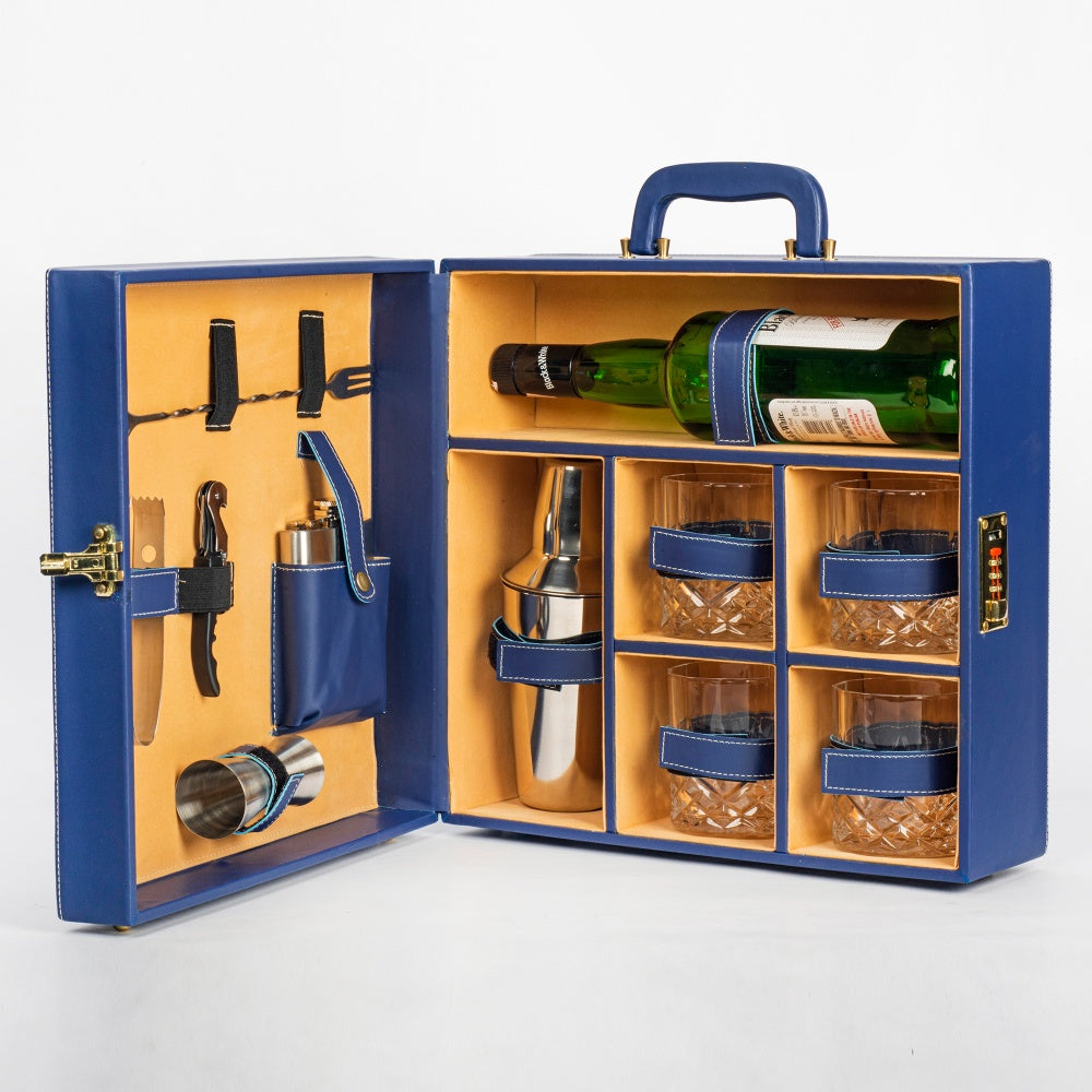 Portable Bar Tools Set - Crystal Blue Leatherette - 10 Piece Set with Bottle Storage - Abrazo