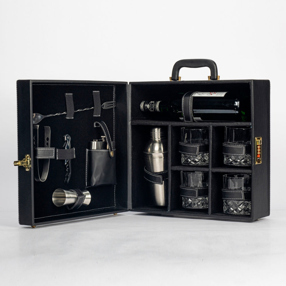 Portable Bar Tools Set - Black Leatherette - 10 Piece Set with Bottle Storage - Abrazo