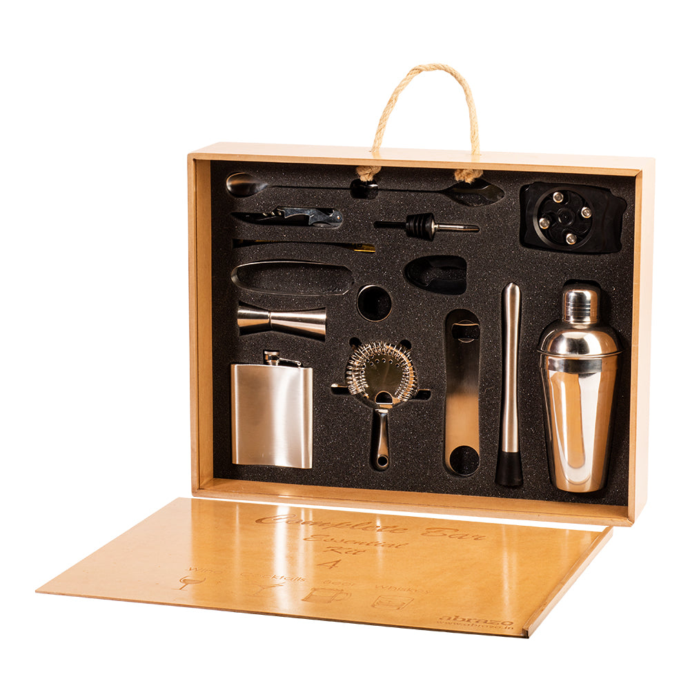 Abrazo Barset for travel portable Bar tool set | Bar Accessories | Wooden 16 Pcs Barcase - Abrazo