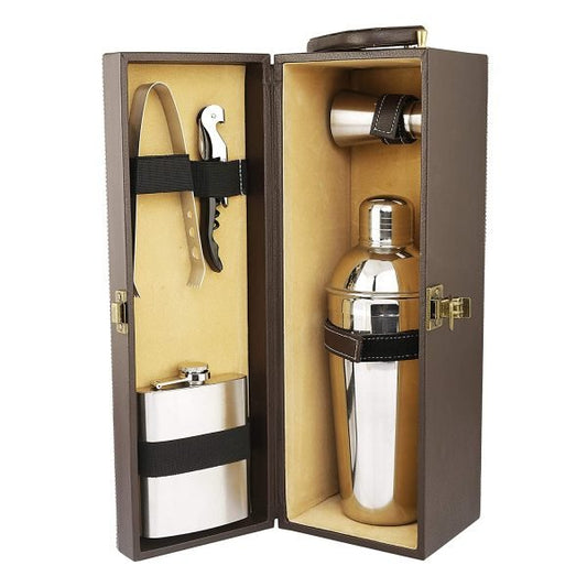 Portable Bar Tools Set - Brown Leatherette - 5 Piece Set - Abrazo
