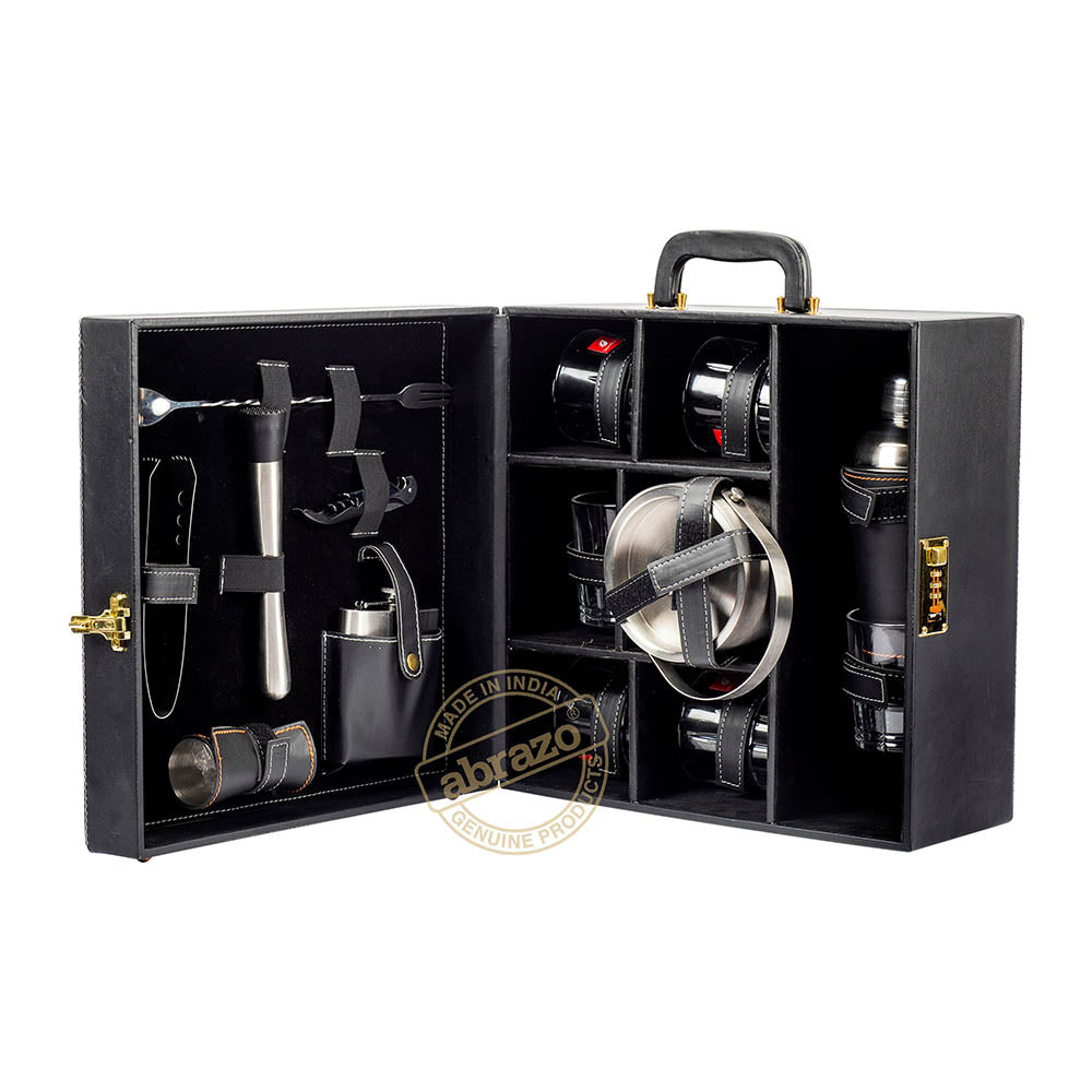 Portable Bar Tools Set - Black and Beige Leatherette - 14 Piece Set - Abrazo