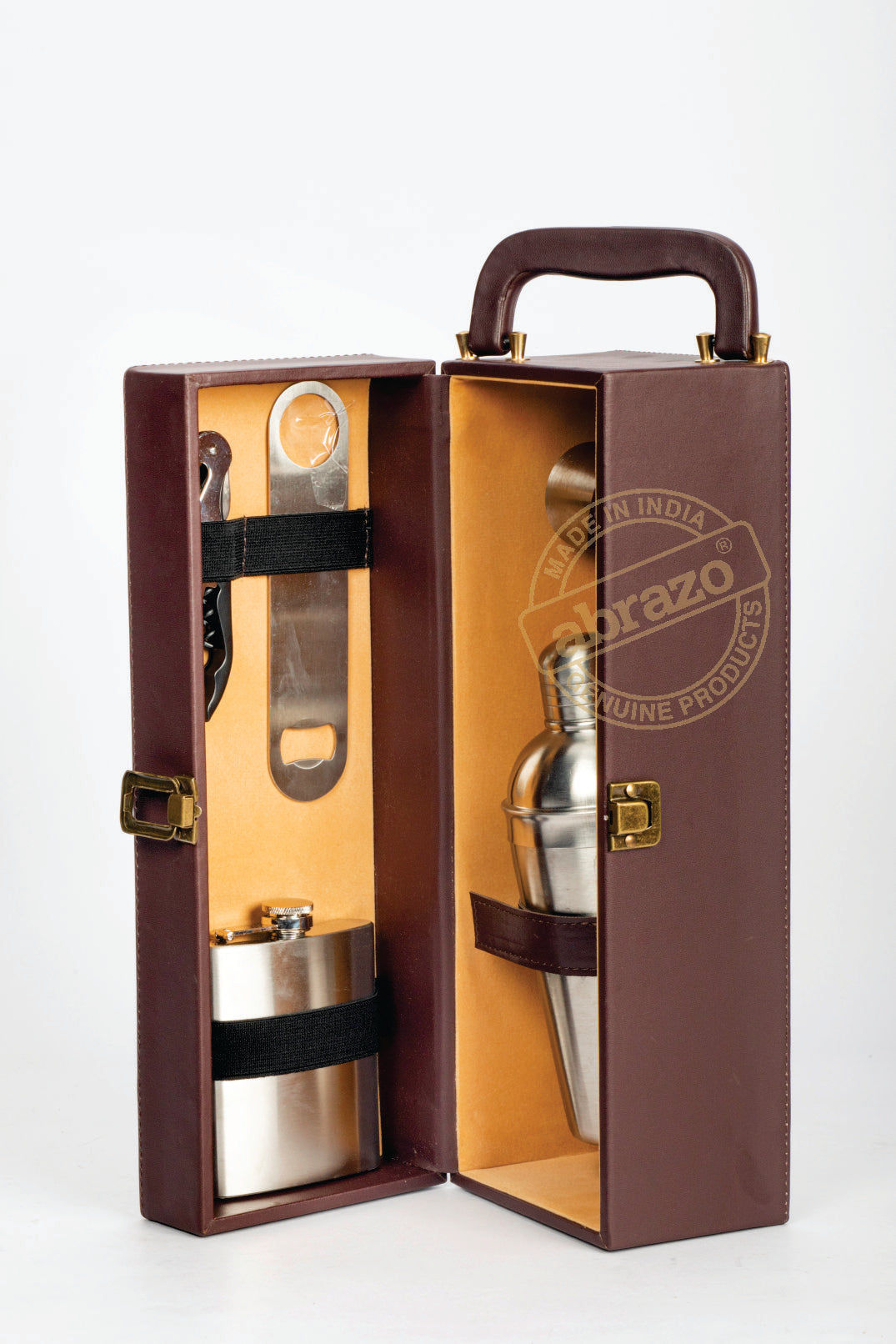 Portable Bar Tool Set - Brown Leatherette - 5 Piece Set - Abrazo